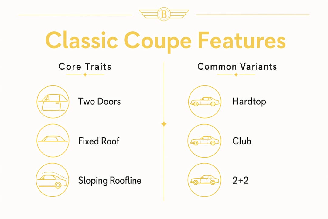 Infographic illustrating core traits and common variants of classic coupes.