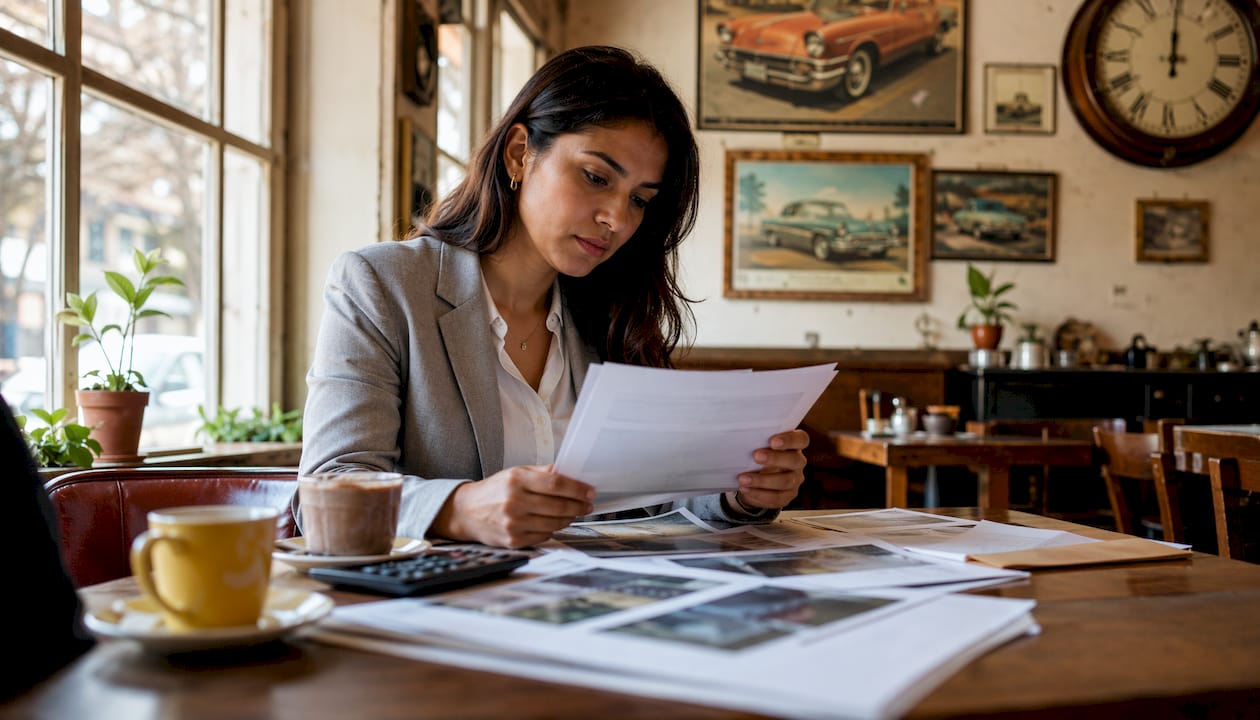Woman reviewing printed vehicle appraisal report