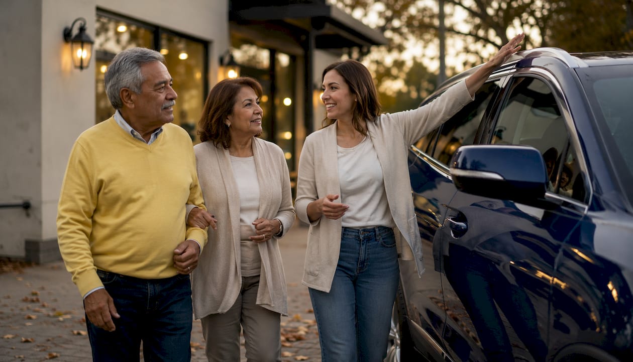 Dealer and customers inspecting car exterior together