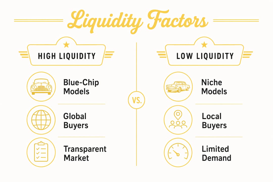 Infographic comparing classic car liquidity factors