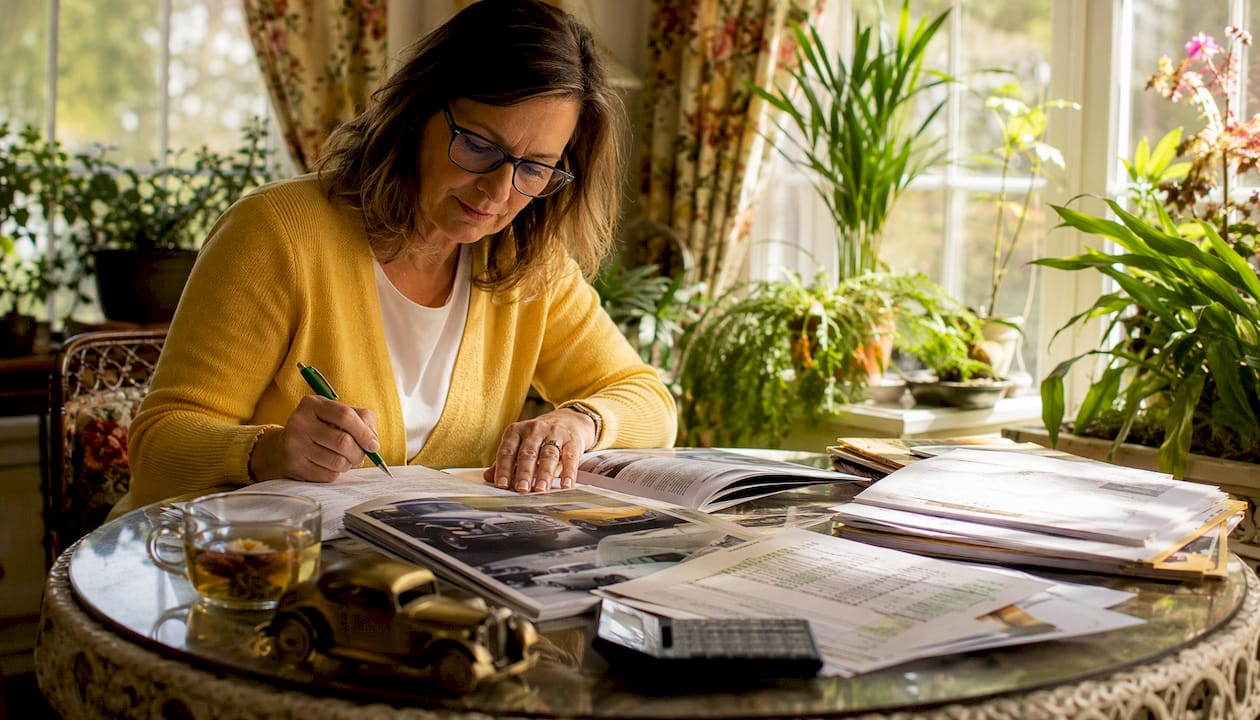 Woman analyzing classic car investment documents