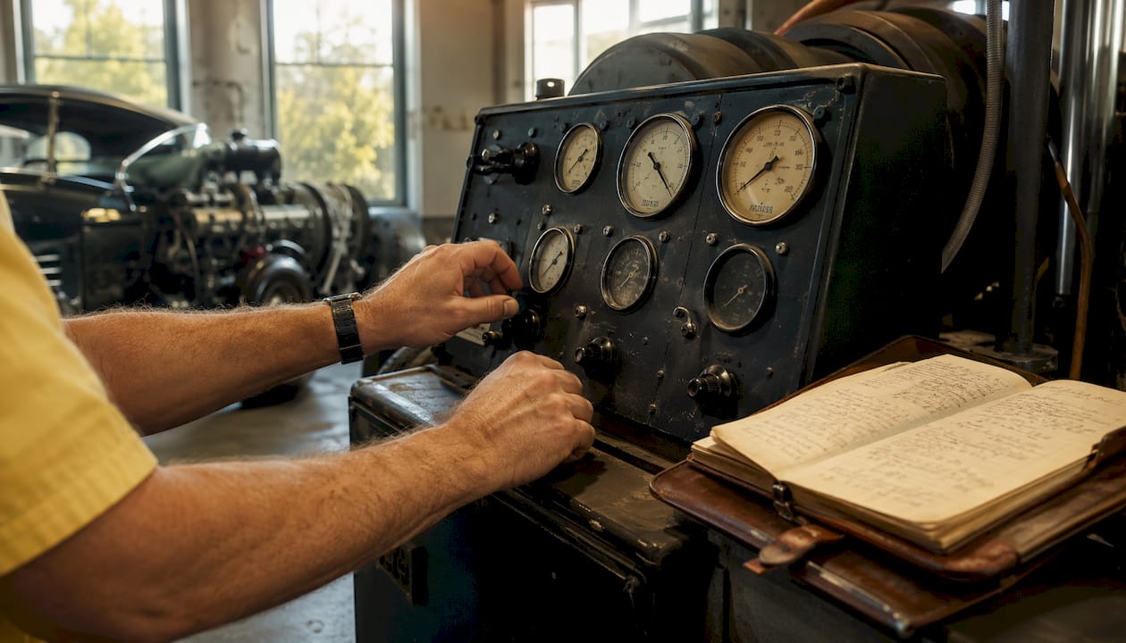 Hands operating vintage engine dynamometer controls