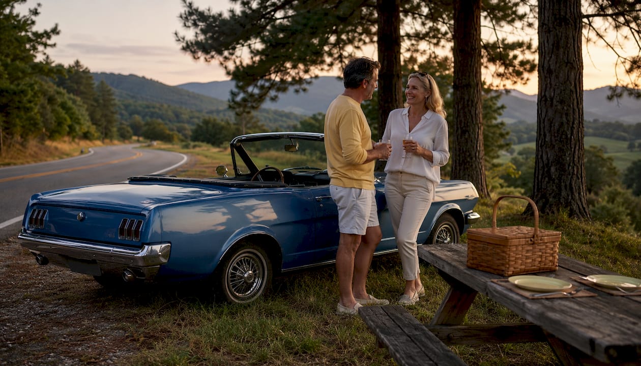 Vintage car and travelers resting at country roadside stop