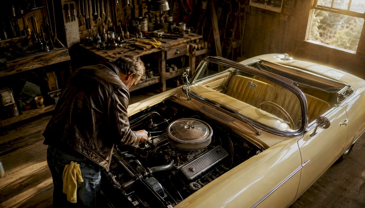 Driver test driving vintage convertible car
