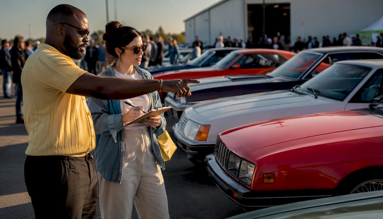 Group discussing classic car auction on tablet