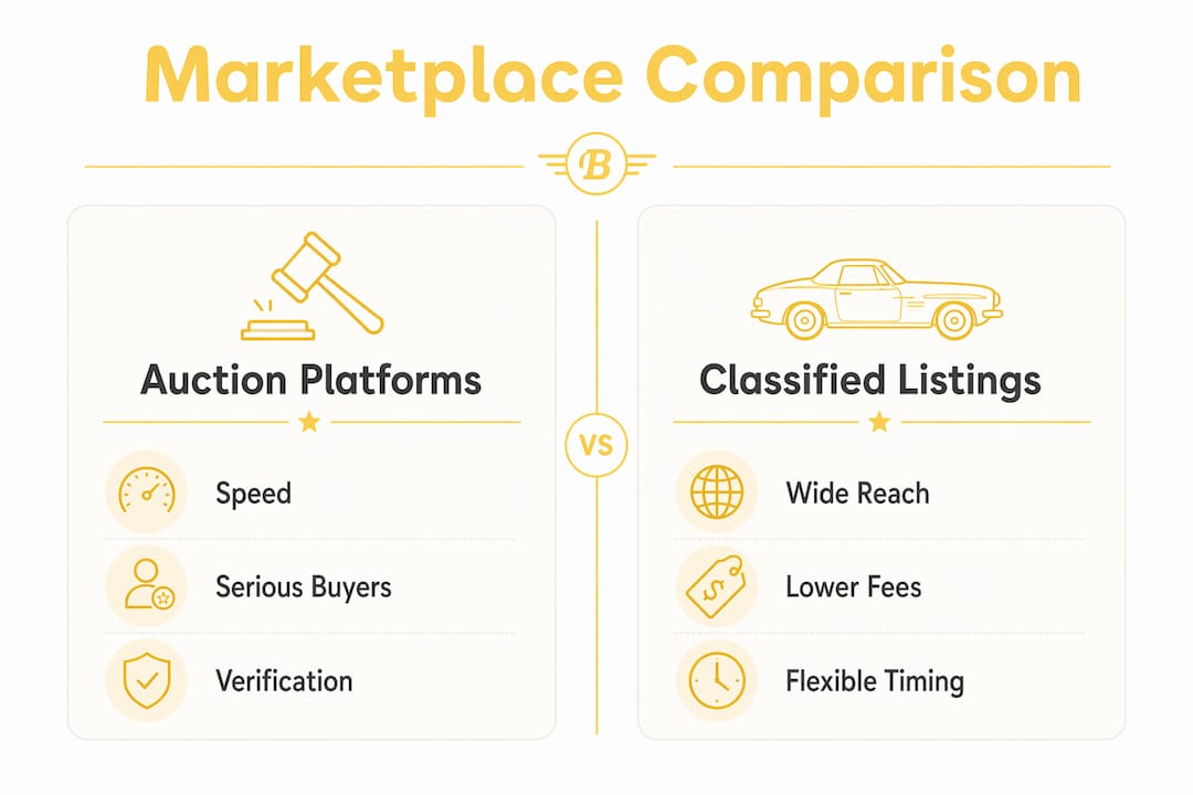 Infographic comparing classic car auction and classified platforms