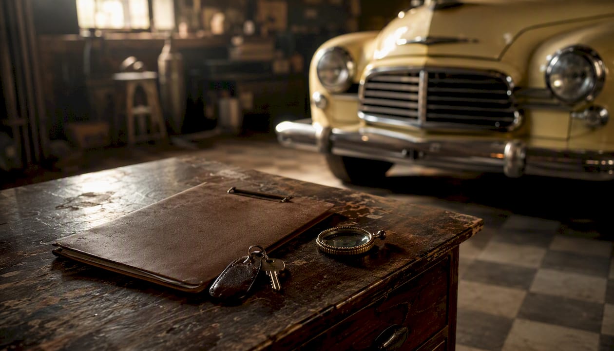 Leather clipboard and vintage car keys on wood desk