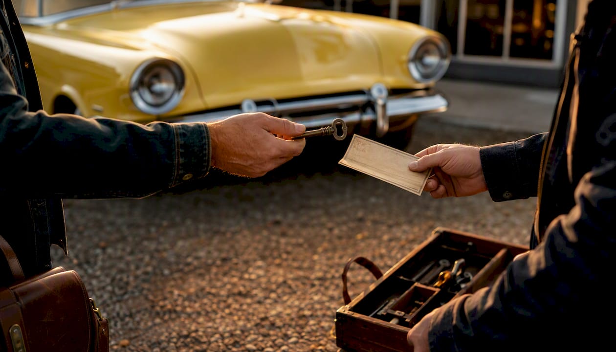 Hands exchanging check and keys near vintage car
