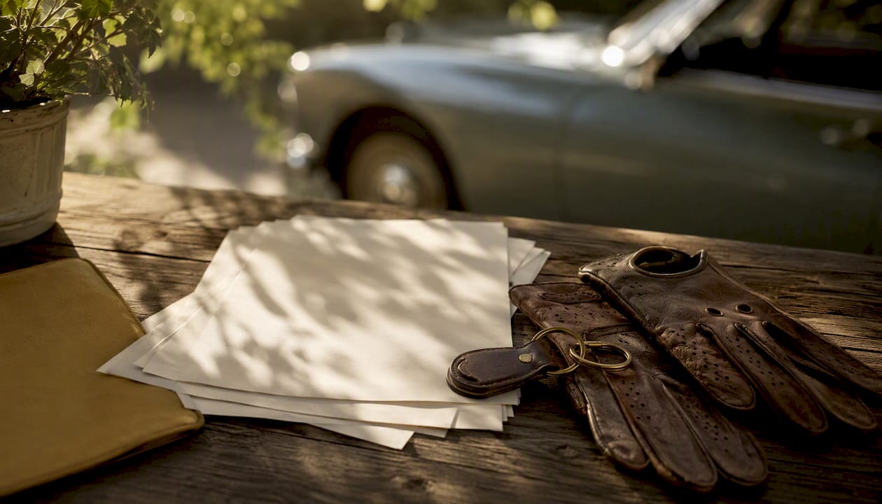 Classic car insurance documents and driving gloves
