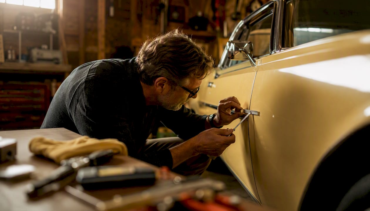 Appraiser inspecting classic car detail