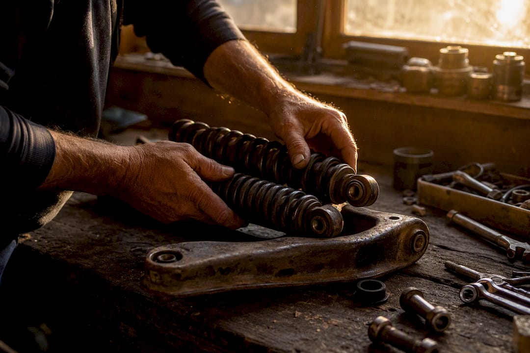 Hands installing suspension bushings on vintage vehicle part