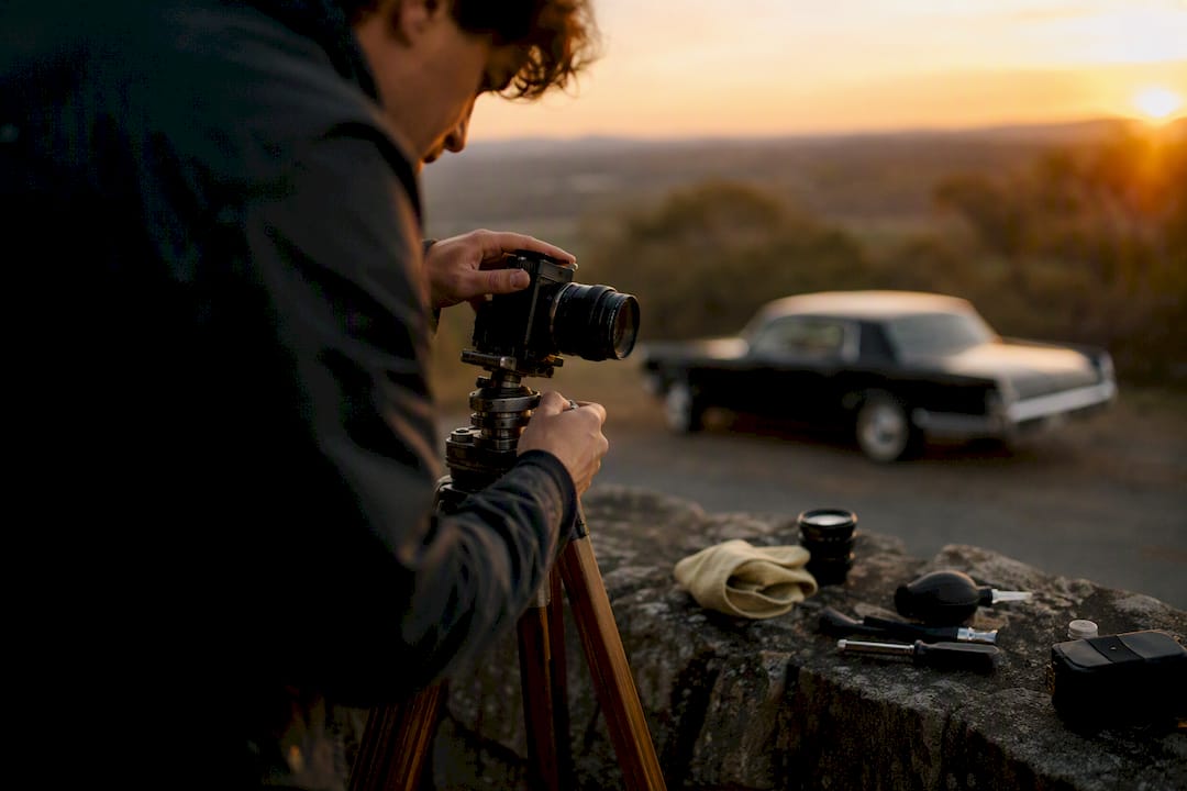 Photographer adjusting camera near classic car