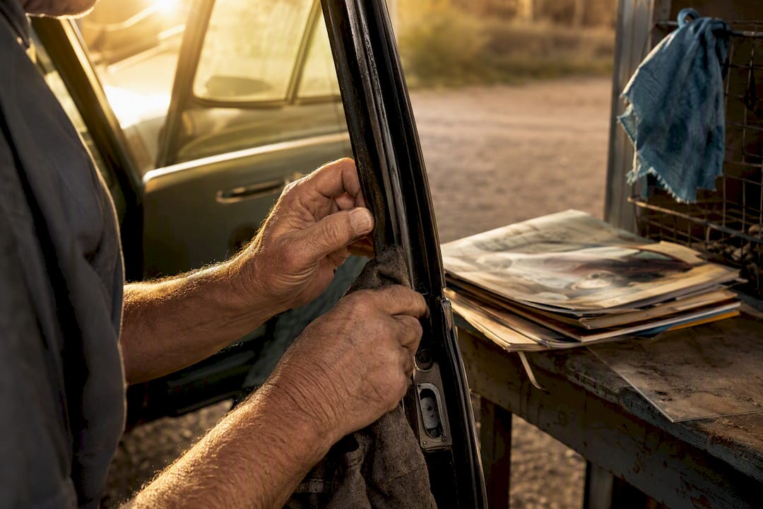 Hands cleaning vintage car rubber seal