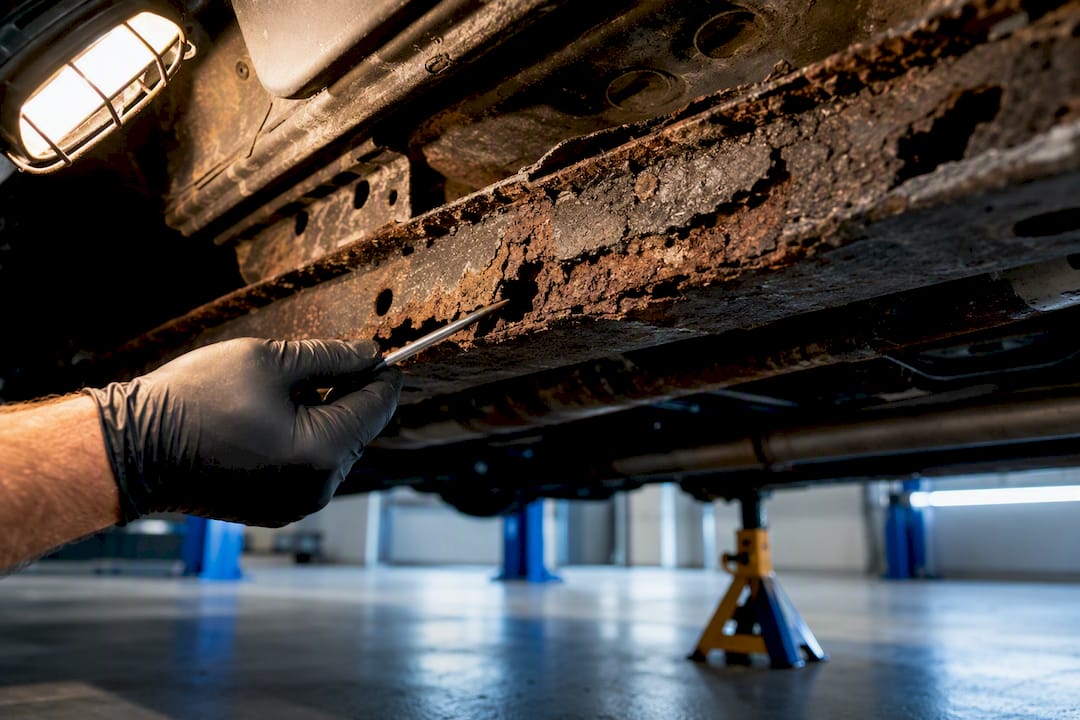 Corroded vintage car frame rail inspection
