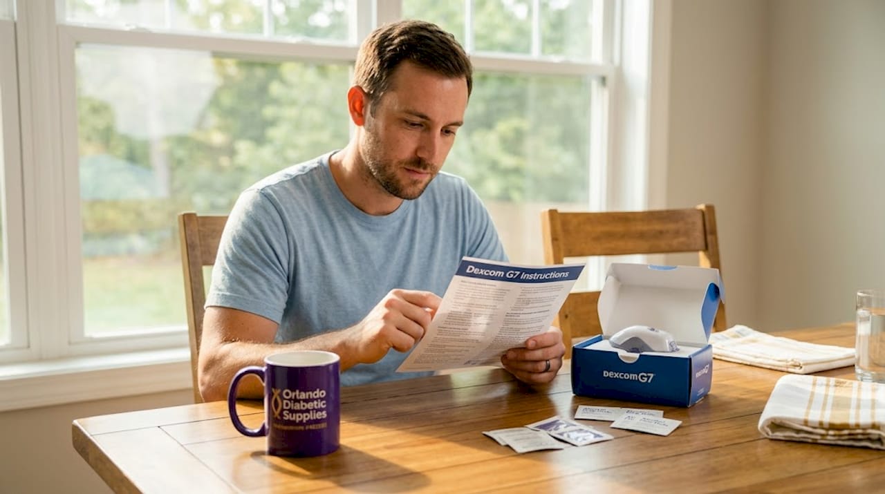 Man preparing continuous glucose monitor at kitchen counter