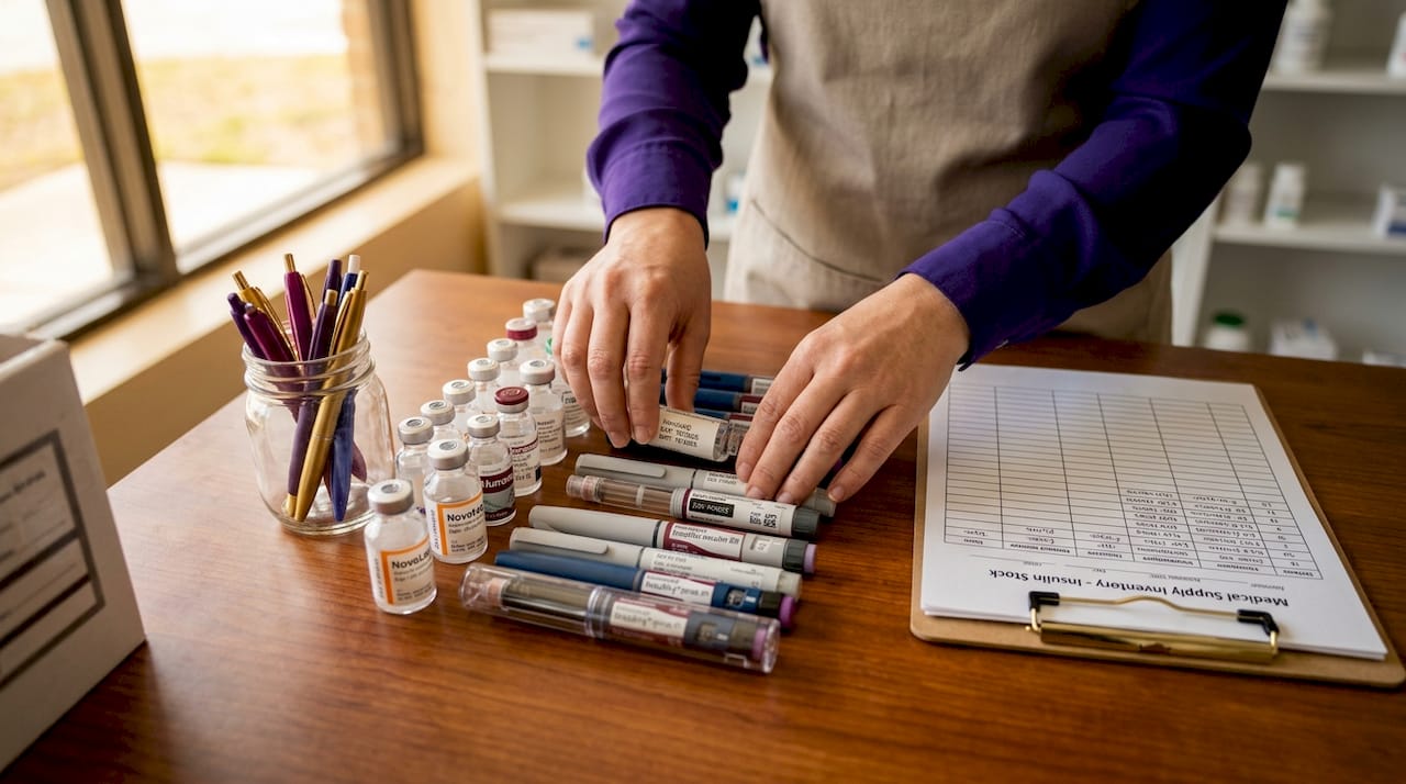 Pharmacist sorting sealed insulin supplies