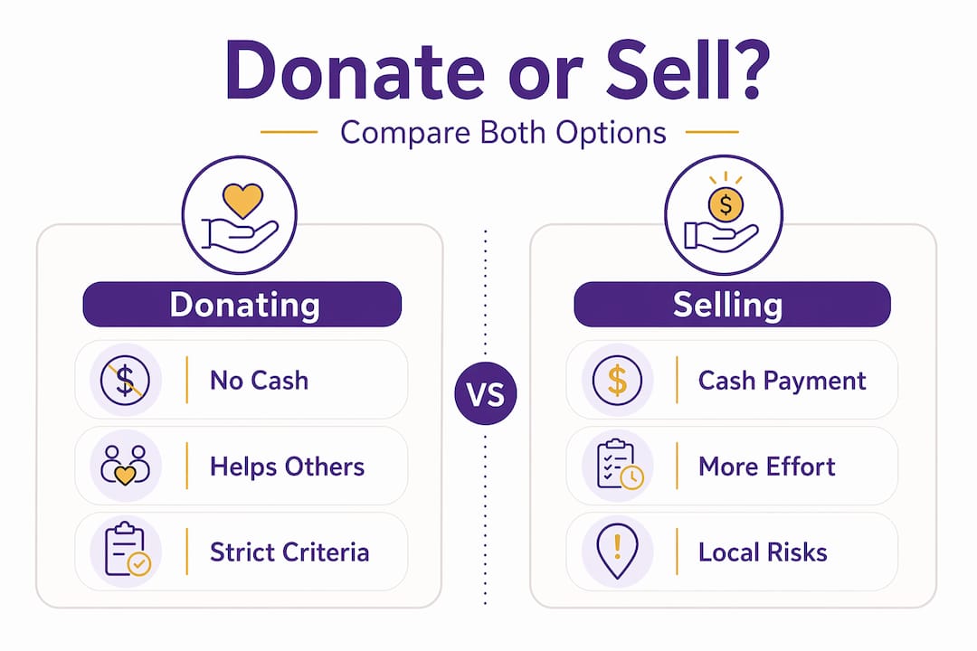 Side-by-side infographic comparing donation and selling options
