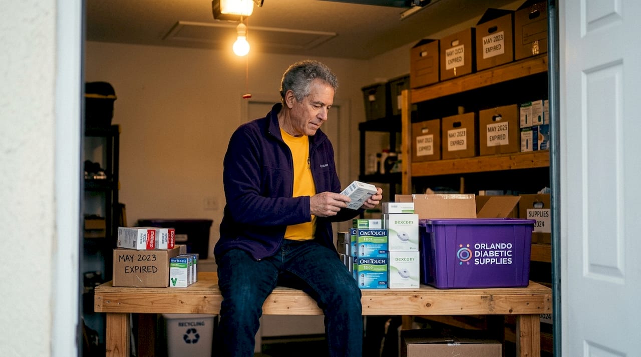 Man organizing surplus diabetic supply closet