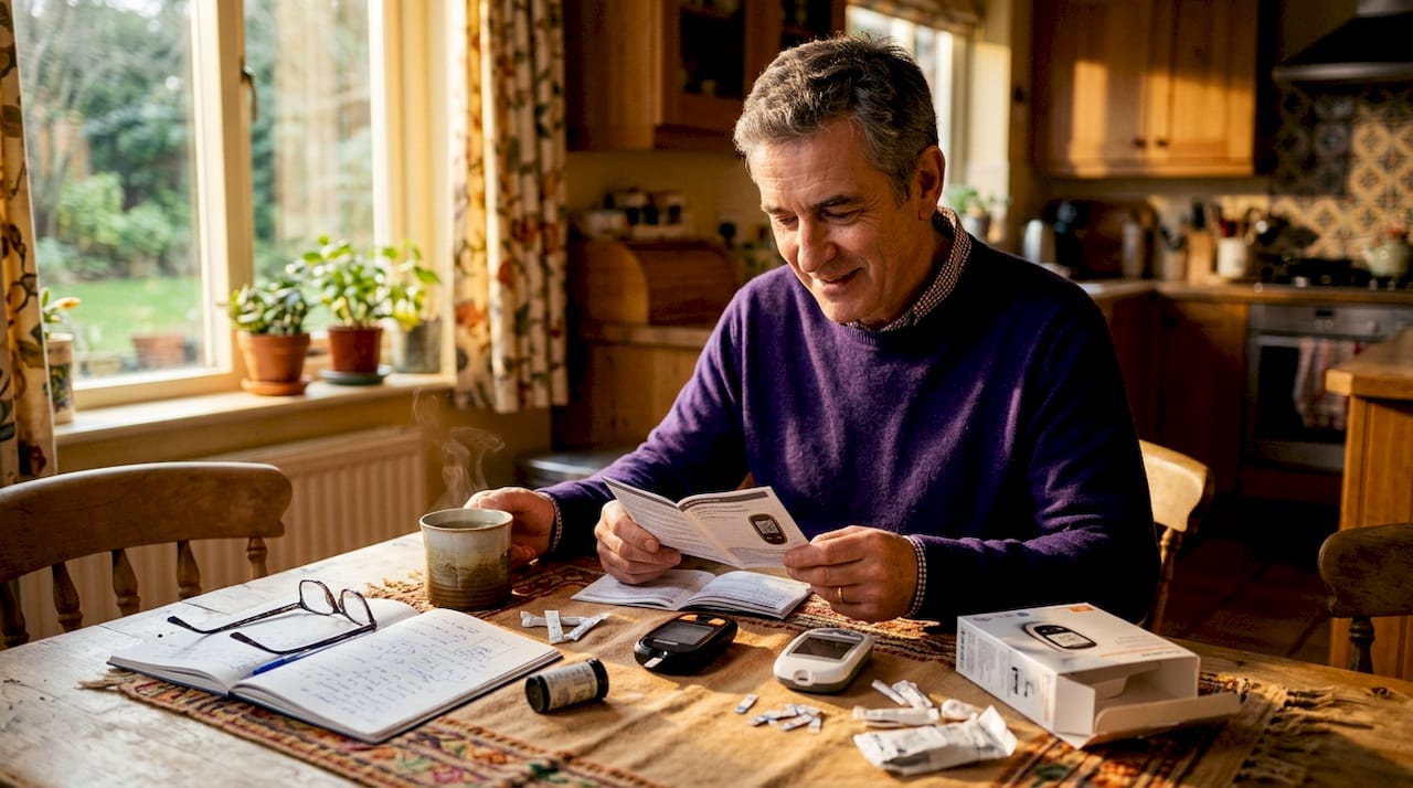 Man compares two glucometers at dining table