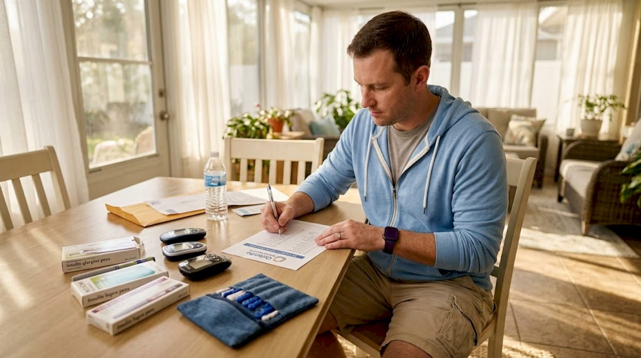 Man organizing diabetes supplies on coffee table