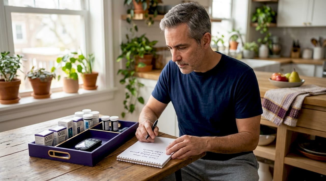 Man organizing diabetic meter and supplies