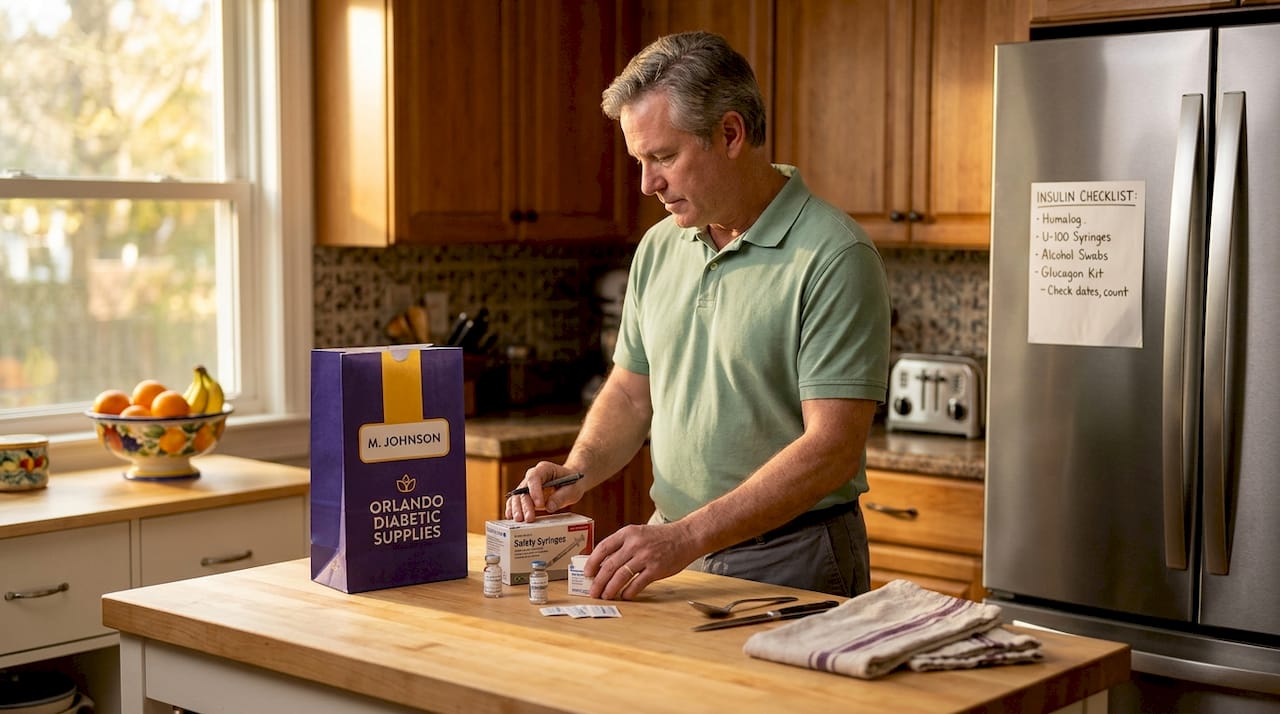 Man organizing insulin and syringes at home