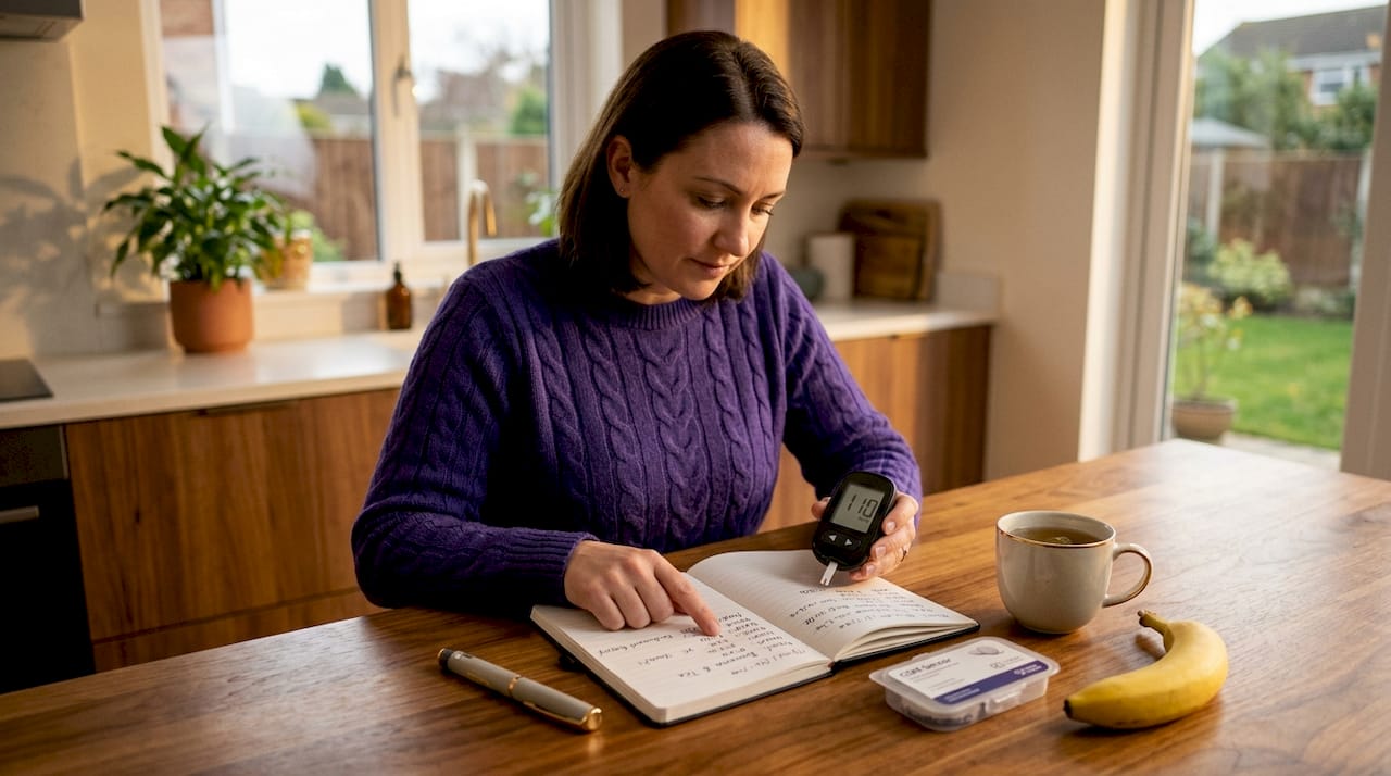 Woman cross-referencing CGM and test strip readings