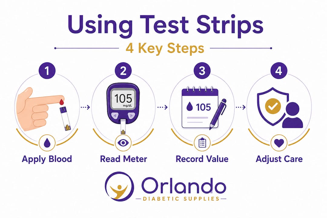 Infographic showing four steps for using test strips