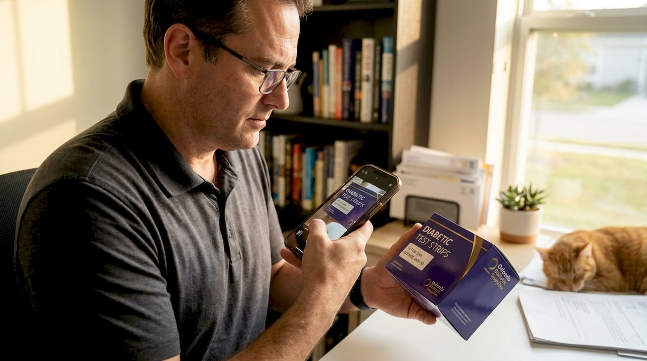 Man photographing diabetic supply box for authenticity
