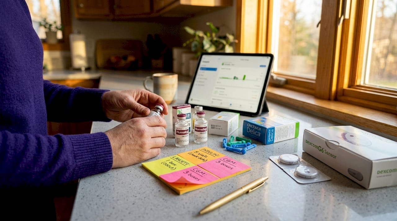 Hands sorting and labeling diabetic supplies