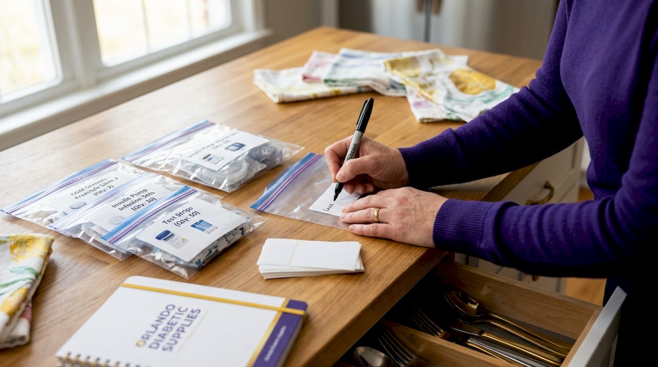 Organized packaged diabetes supplies on counter