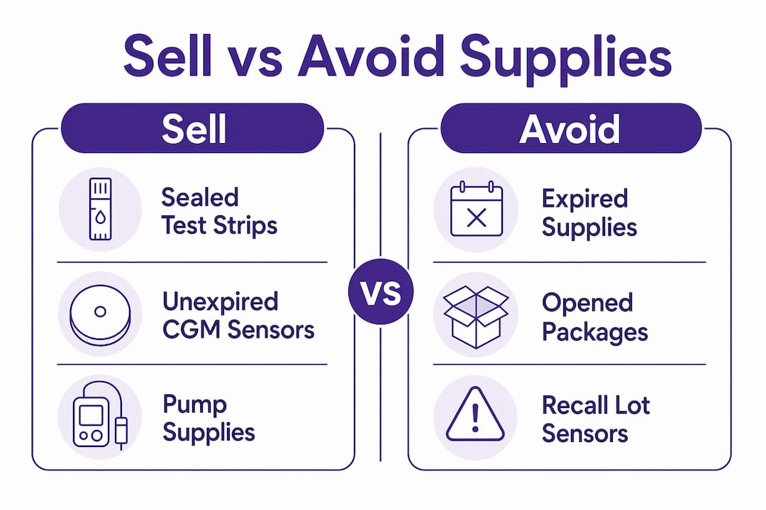 Infographic comparing diabetes supplies to sell and avoid