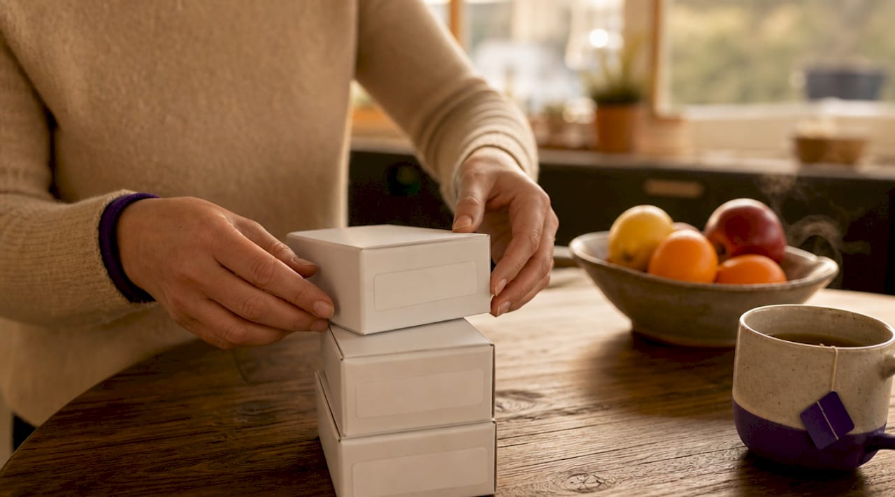 Hands stacking sealed diabetic supply boxes