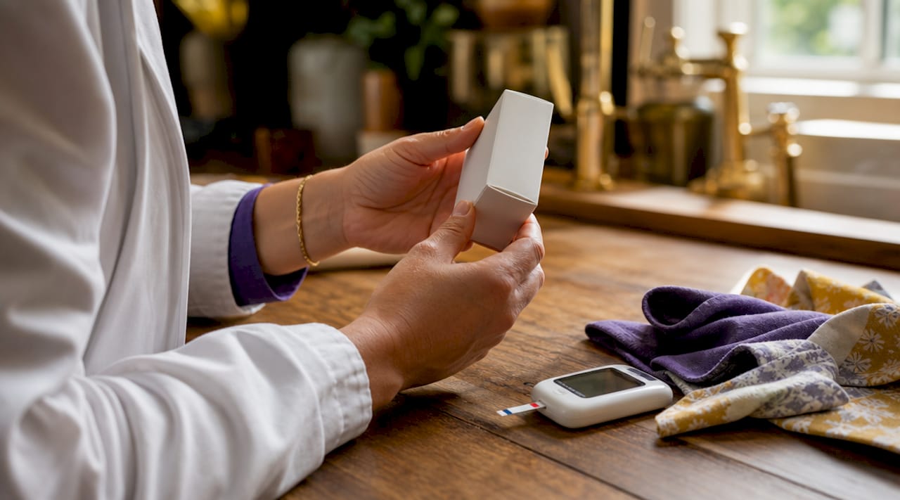 Hands inspecting diabetic test strip box expiration