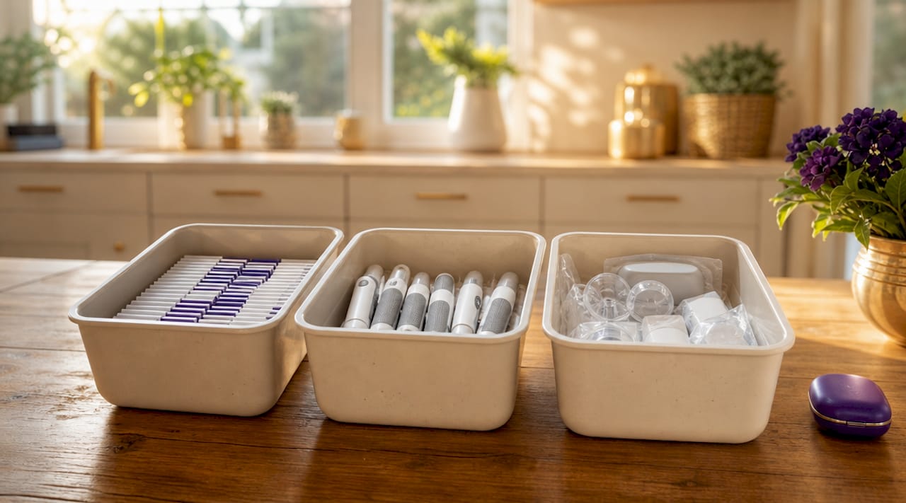 Close-up of labeled bins with diabetes consumables