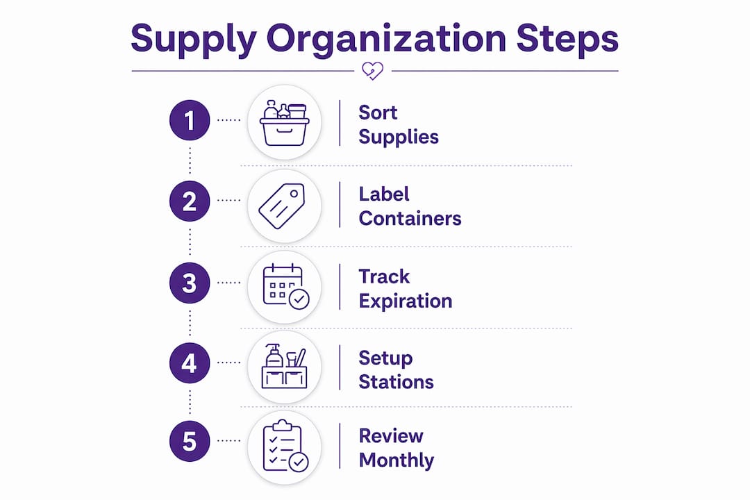 Infographic illustrating steps to organize diabetes supplies