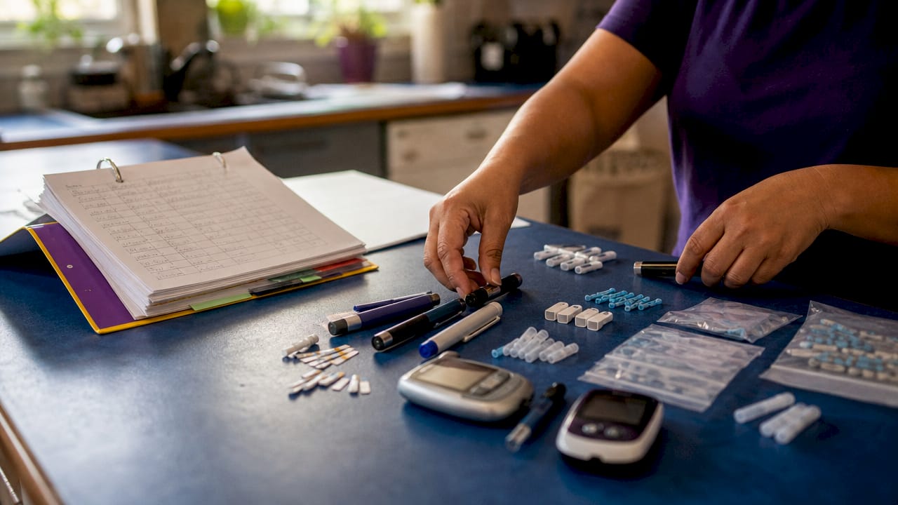Hands sorting diabetes supplies on desk