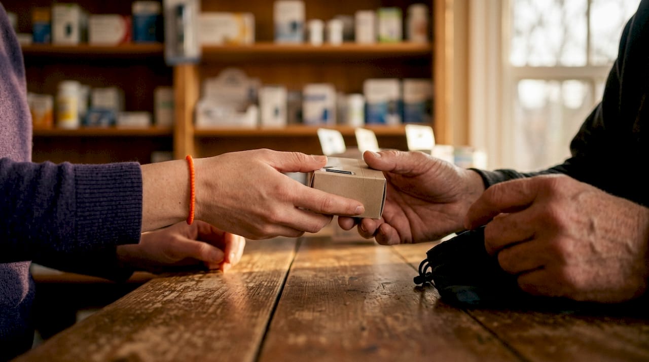Hands exchanging diabetic supplies with cash