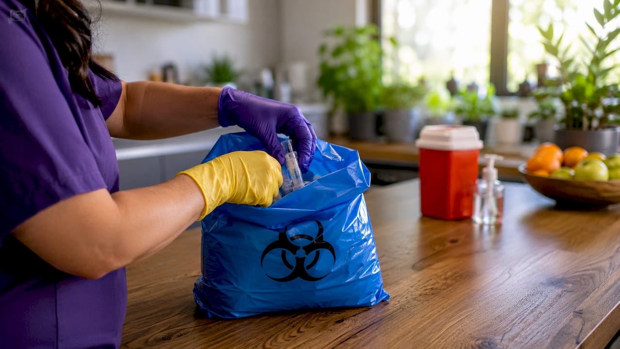 Gloved hands disposing expired diabetic supplies safely