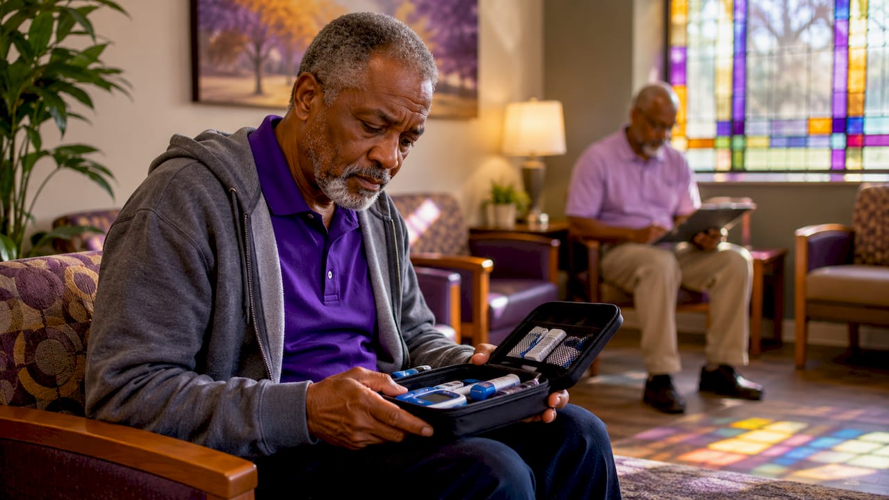 Senior man in clinic waiting with diabetes supplies