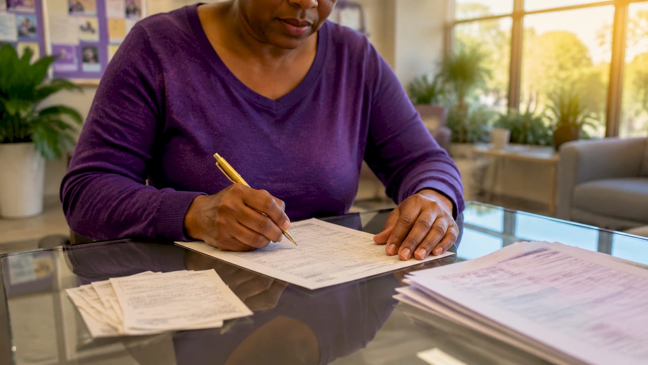 Hands completing diabetic assistance program form