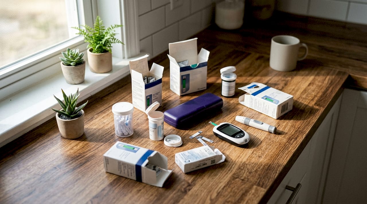 Close-up of diabetic supplies in bathroom cabinet