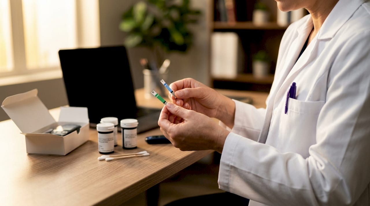 Hands comparing two blood glucose strips