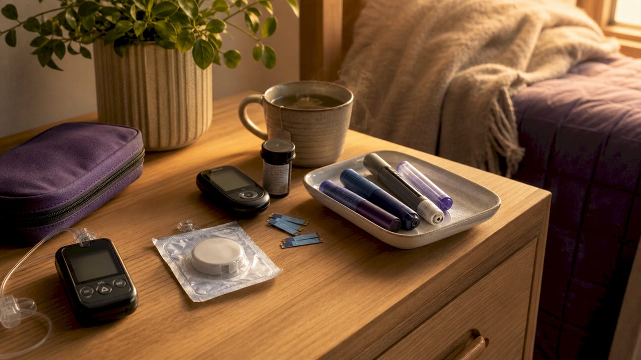 Close-up of arranged diabetes devices on bedside table