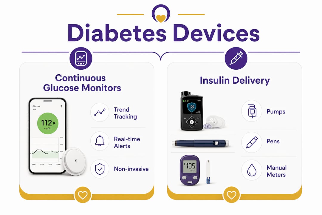 Infographic comparing continuous glucose monitors and insulin delivery devices