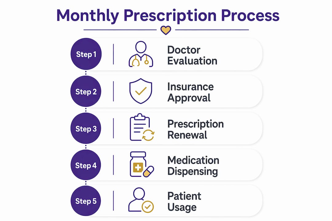 Infographic illustrating steps in monthly diabetic supply prescriptions
