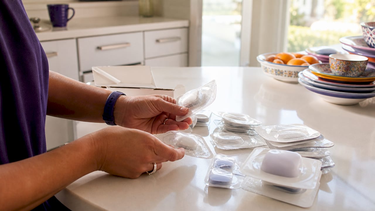 Hands holding unopened diabetic supplies comparing types