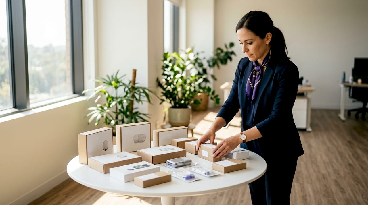 Hands organizing diabetes devices on supply table