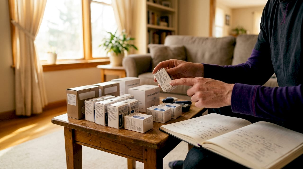 Hands inspecting diabetic supplies closely
