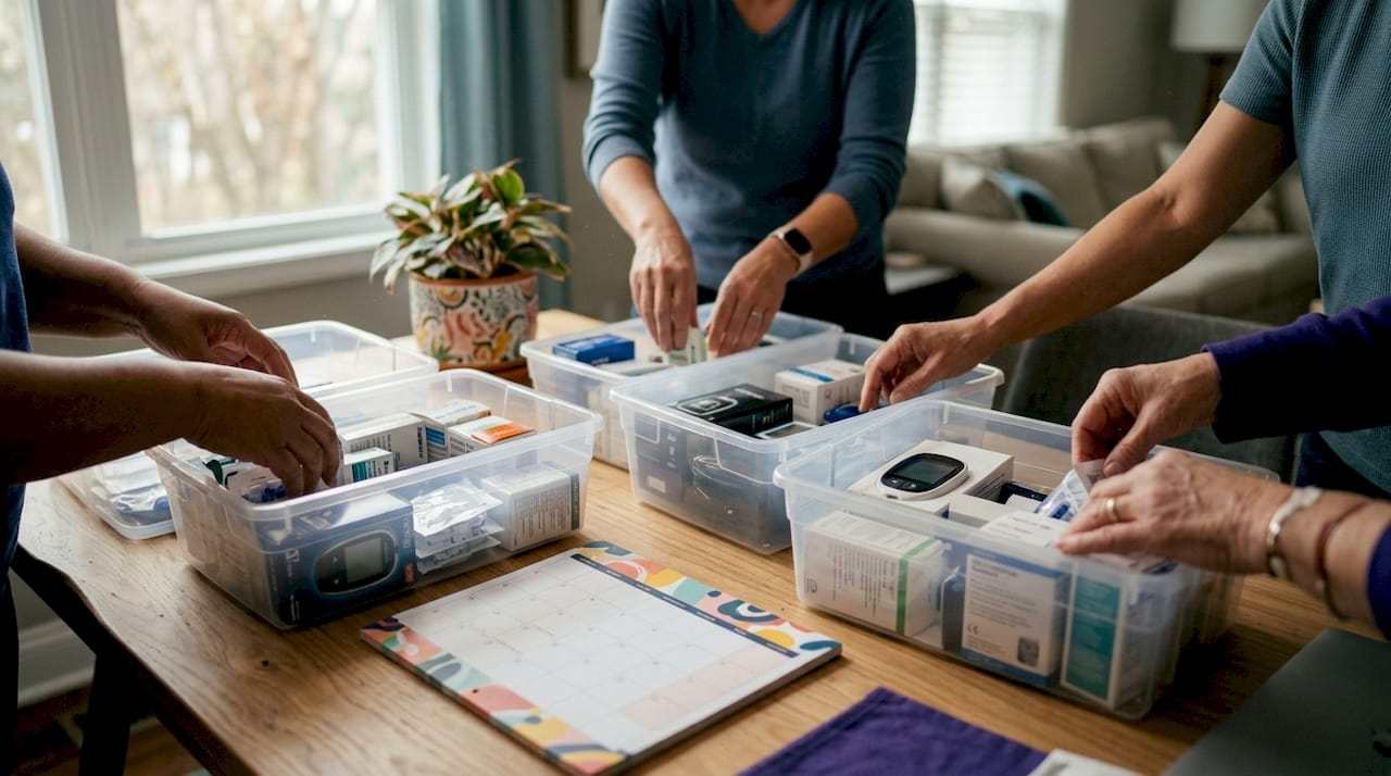 Hands organizing diabetic supplies into labeled bins